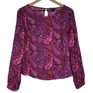 ANN TAYLOR Blouse Top Floral Paisley Long Sleeve Keyhole Draped Sleeve Size 8